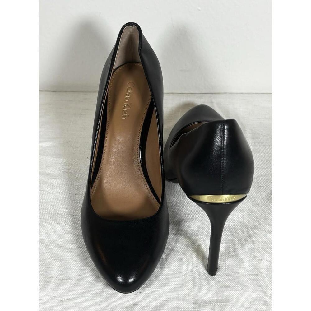 Calvin Klein Women’s Salene Black Leather Gold Stiletto Heels Sz 6.5